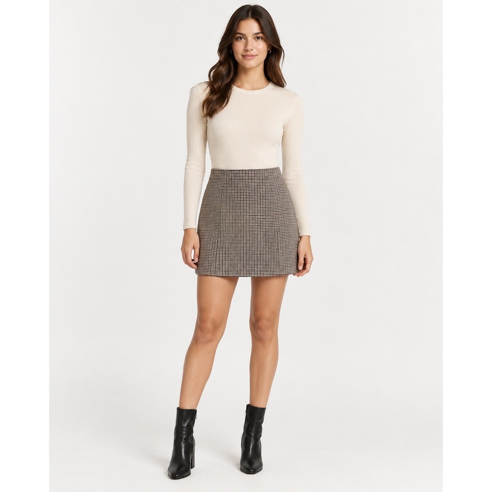 Aritzia Babaton Mini Skirt Womens 0 Brown Houndstooth High Rise A-Line Preppy